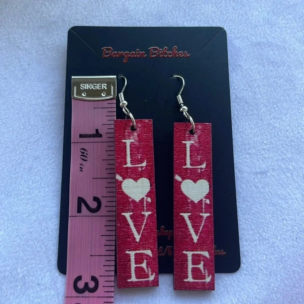 New love earrings wooden love hook drop dangle earrings red white
